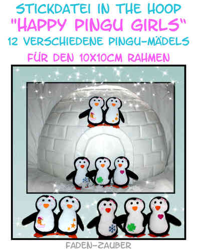 Happy Pingu Girls (Größe S) - ITH für den 10x10cm Rahmen