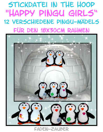 Happy Pingu Girls (Größe XL) - ITH für den 18x30cm Rahmen