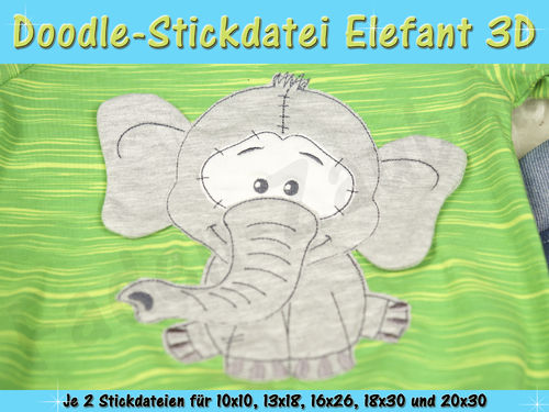 Doodle-Motiv Elefant 3D - Stickdatei-Set für den 10x10cm bis 20x30cm Rahmen
