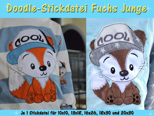Doodle-Motiv Fuchs Junge - Stickdatei-Set für den 10x10cm bis 20x30cm Rahmen