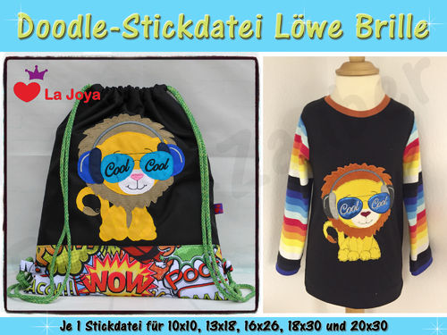Doodle-Motiv Löwe Brille - Stickdatei-Set für den 10x10cm bis 20x30cm Rahmen
